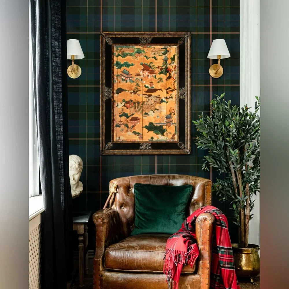 New Anthropologie x MINDTHEGAP Equestrian Plaid Green Wallpaper Wall Art Mural